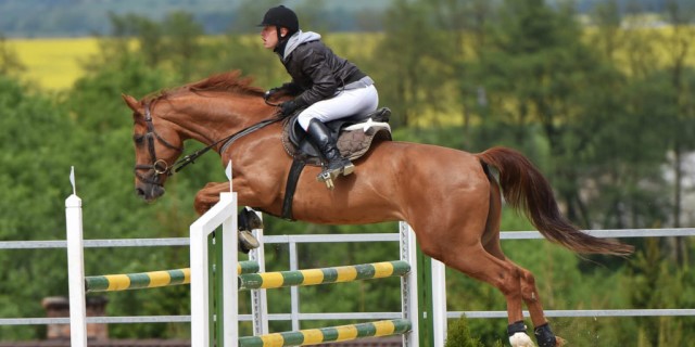 jinete de equitación deportiva saltando